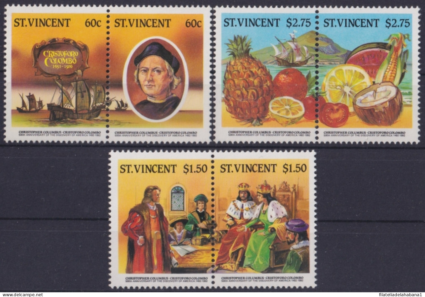 F-EX46968 ST VINCENT MNH 1985 DISCOVERY SHIP COLUMBUS FRUIT PINNEAPLE ORANGE. - Christophe Colomb