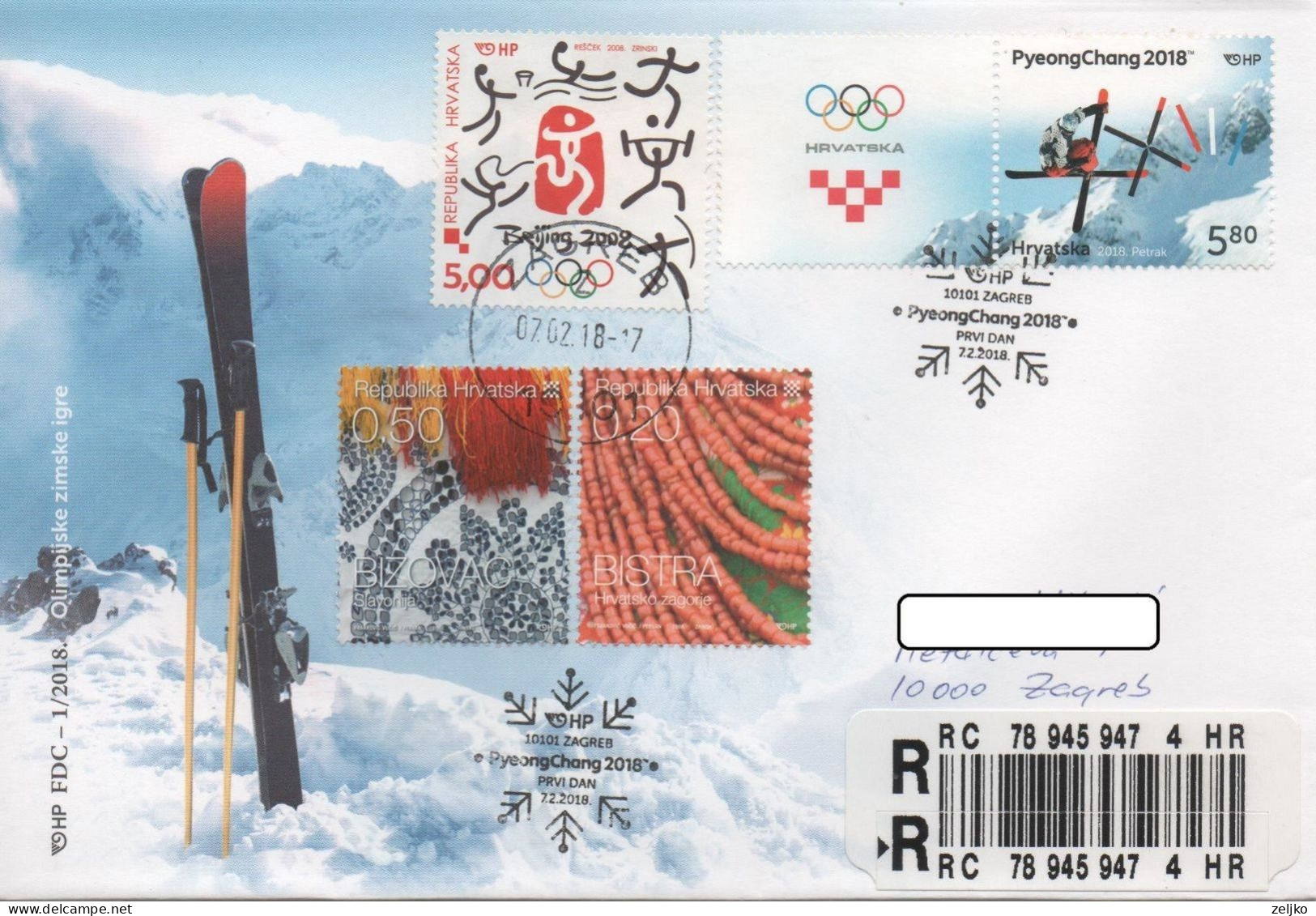 Croatia 2018, Michel 1302, Olympic Games PyeongChang, Uprated Registered FDC, Stamp + Vignette - Inverno 2018 : Pyeongchang