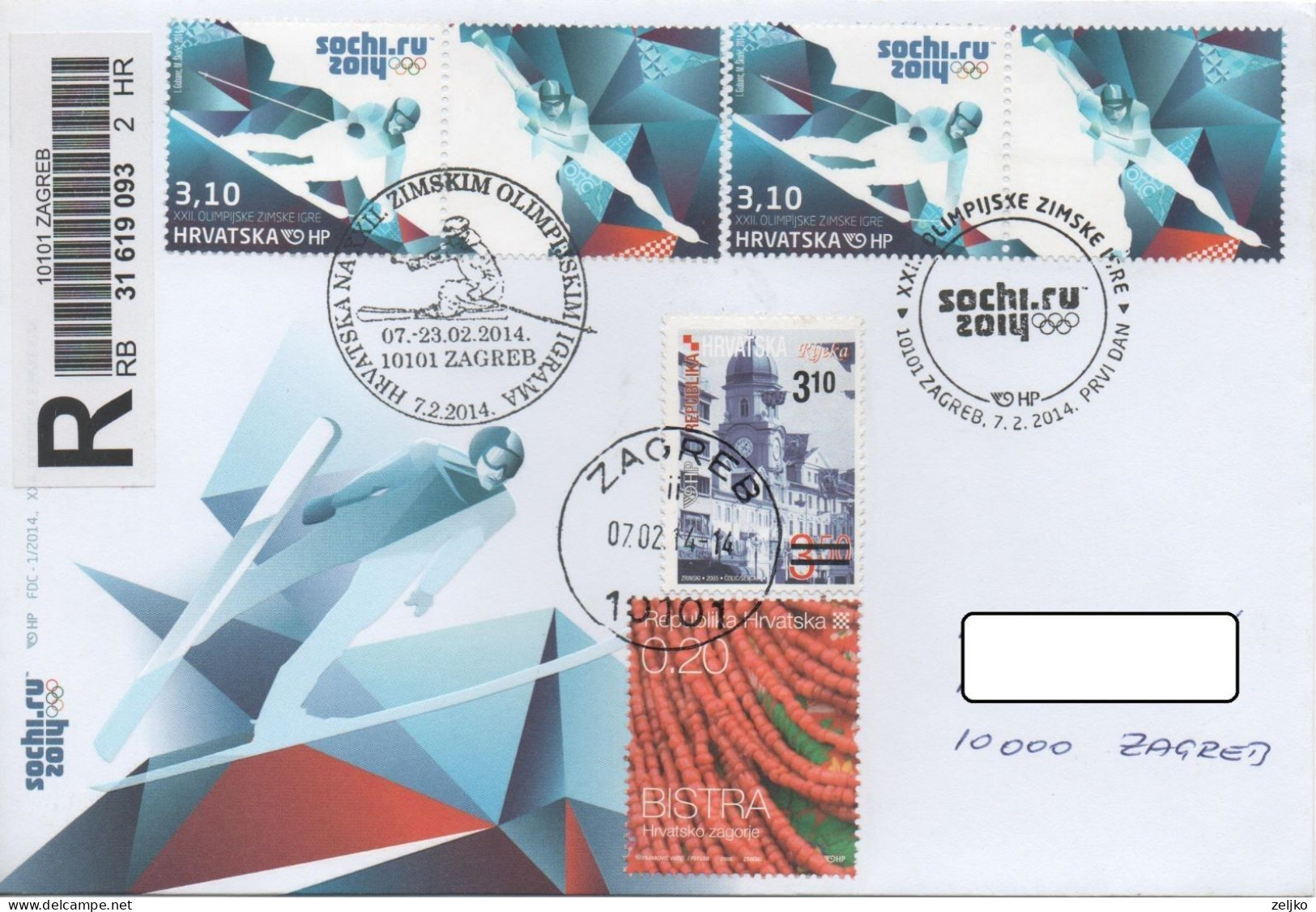 Croatia, Winter Olympic Games 2014 Sochi Russia,Michel 1110, Uprated Registered FDC, Stamp + Vignette, 2 Spec. Cancels - Invierno 2014: Sotchi