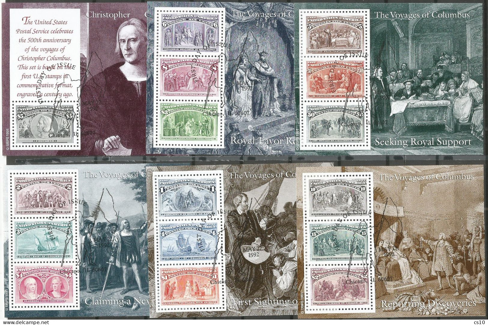 USA 1992 Columbian Set Columbus Colombo SC.#2624/29 Cpl 6 Souvenir Sheet With FD Cancellation - Collections