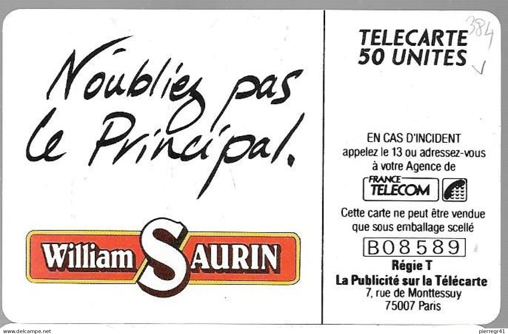 CARTE-PRIVEE-50U-GemA-D384-WILLIAM SAURIN 2-Choucroute-R° Glacé-1000Ex-Utilisé-TBE/LUXE - Telefoonkaarten Voor Particulieren