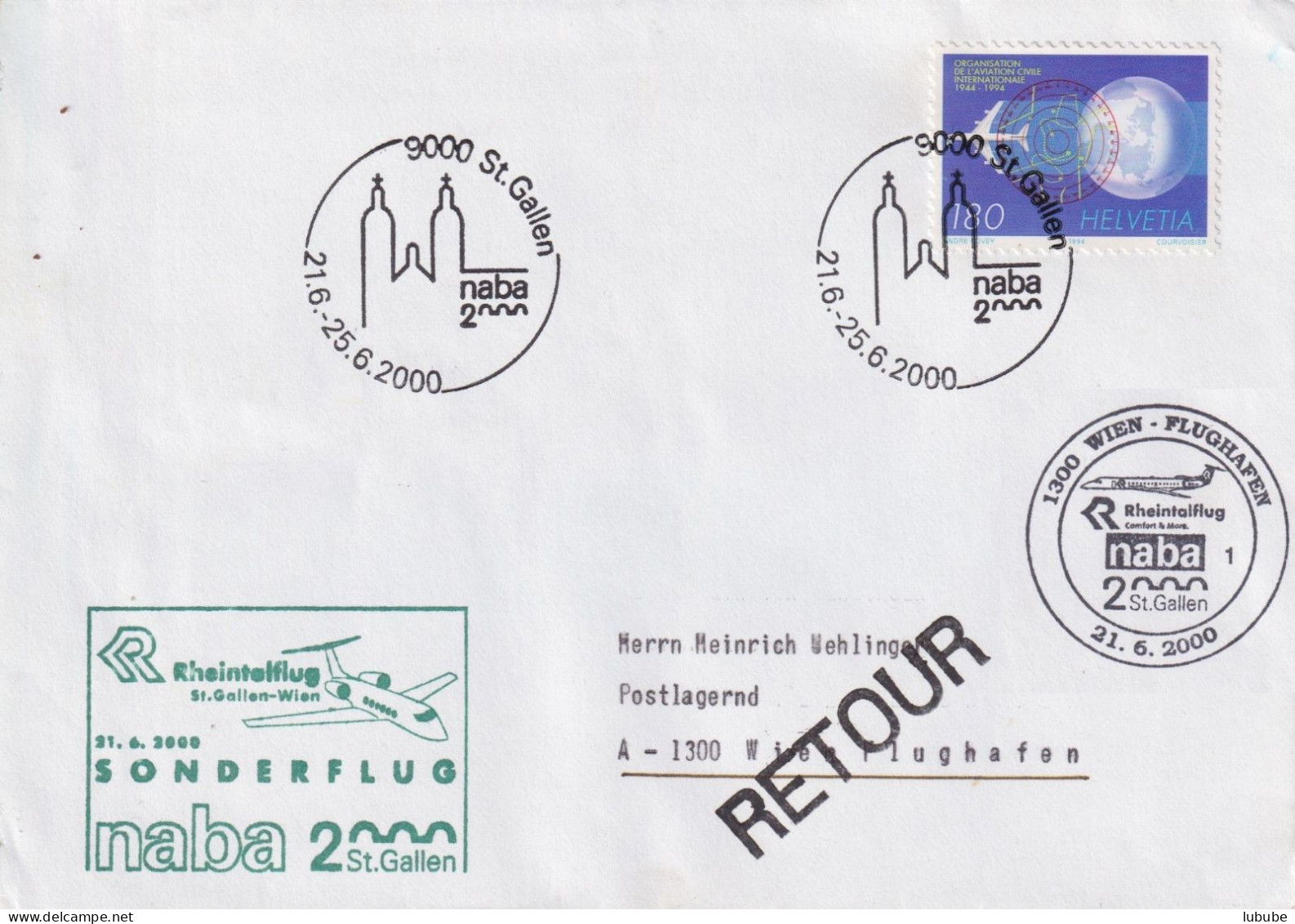 Sonderbrief  "Sonderflug NABA St.Gallen (Rheintalflug)" - Wien       2000 - Storia Postale