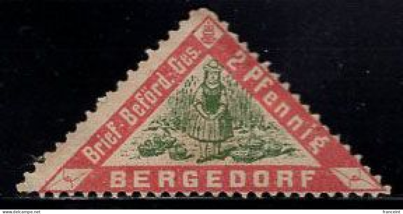 ALLEMAGNE (Bergedorf)(1930) Femme* En Costume. Paniers. Timbre Local Triangulaire De Bergedorf à 2 Pfennig En Vert Et Ro - Bergedorf