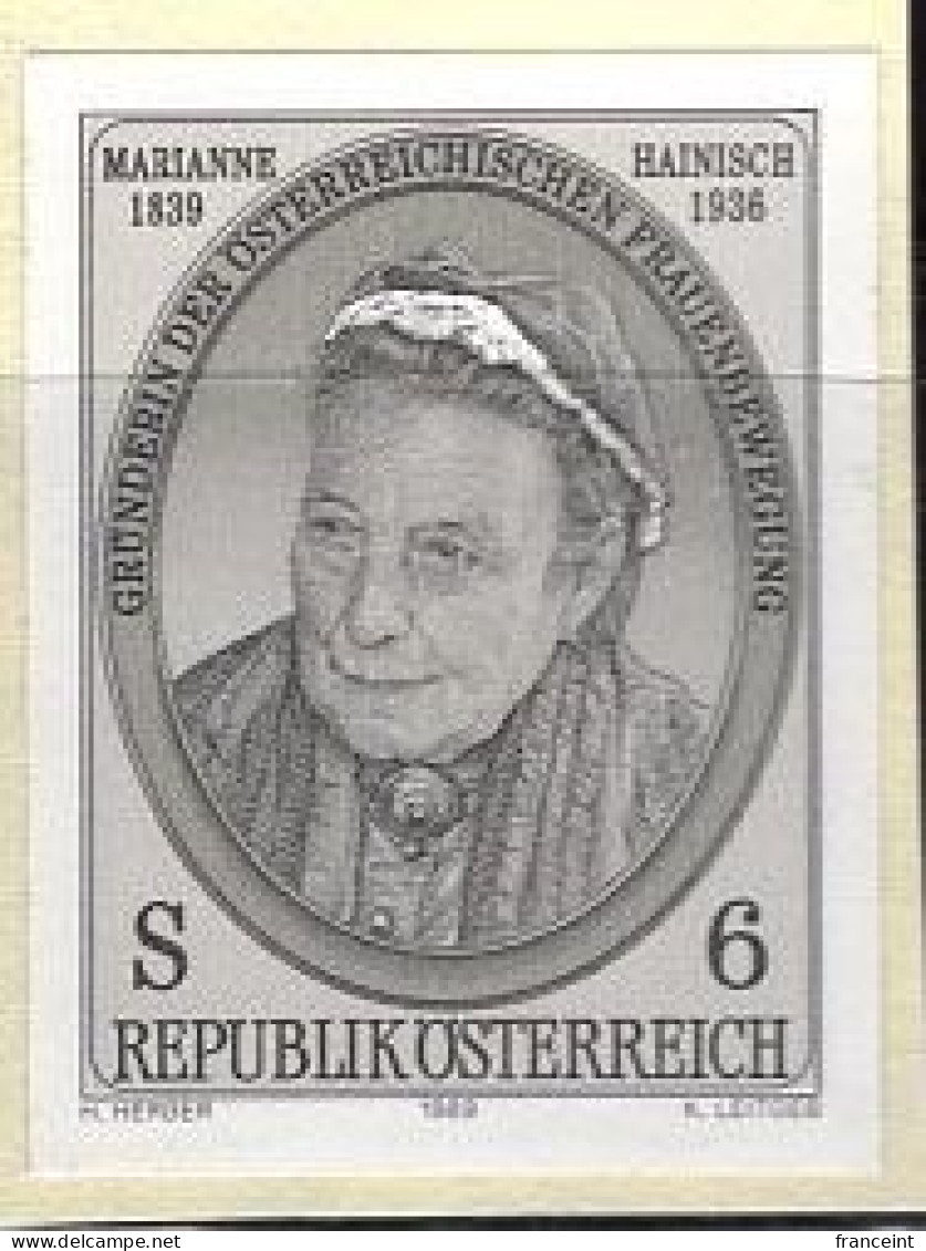 AUSTRIA(1989) Marianne Hainisch. Black Print.  150th Anniversary Of Birth, Founder Of Austrian Feminist Movement. Yvert - Essais & Réimpressions