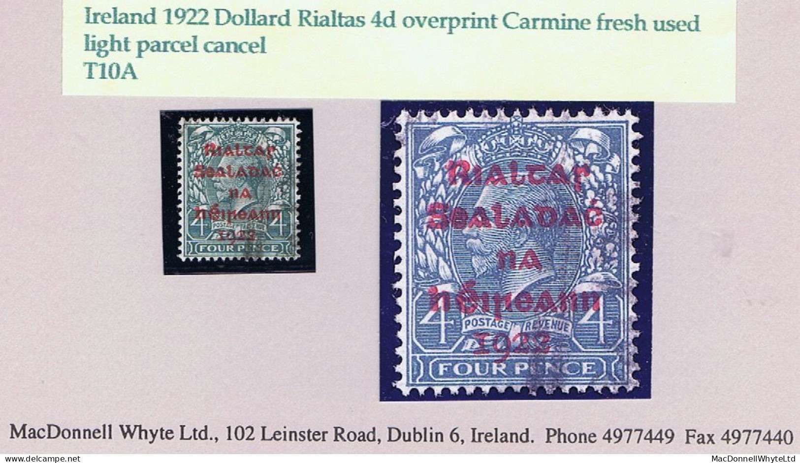 Ireland 1922 Dollard Rialtas Ovpt In Carmine On 4d Grey-green Fresh Used With Light Parcel Cancellation - Used Stamps