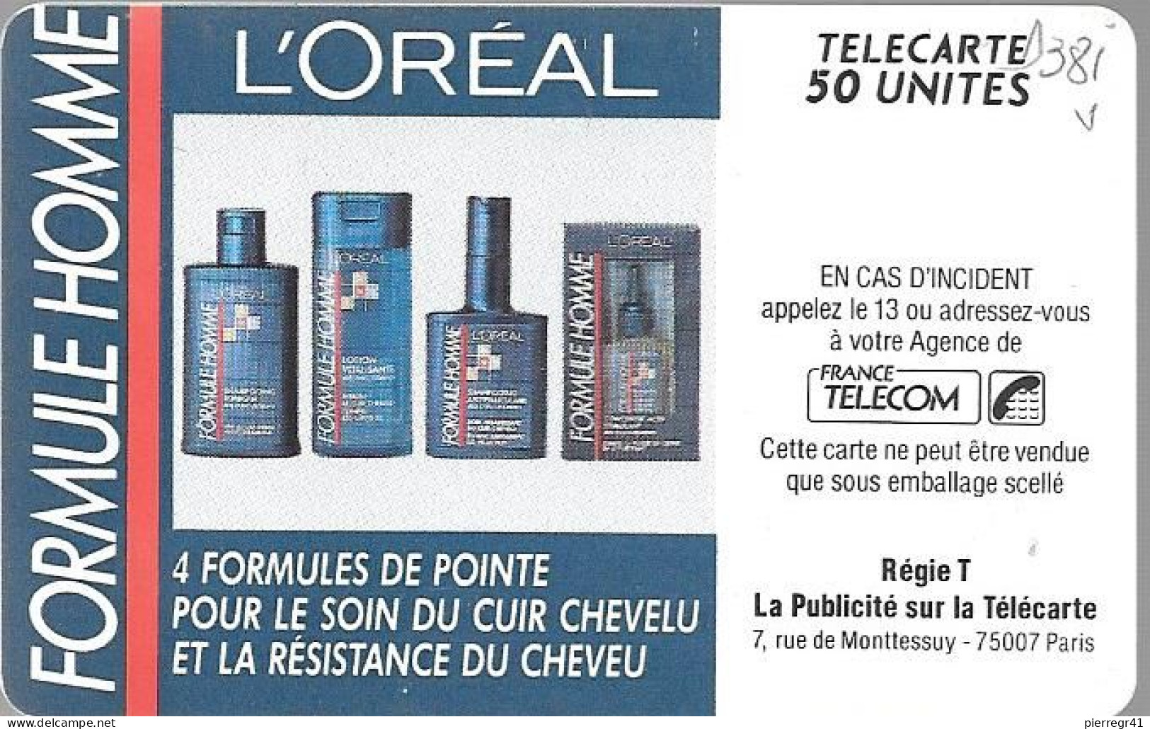 CARTE-PUCE-PRIVEE-D-50U-D381-SO2-1990-L OREAL-HOMME-V° Pe4038-Utilisé-TBE-LUXE - Privées