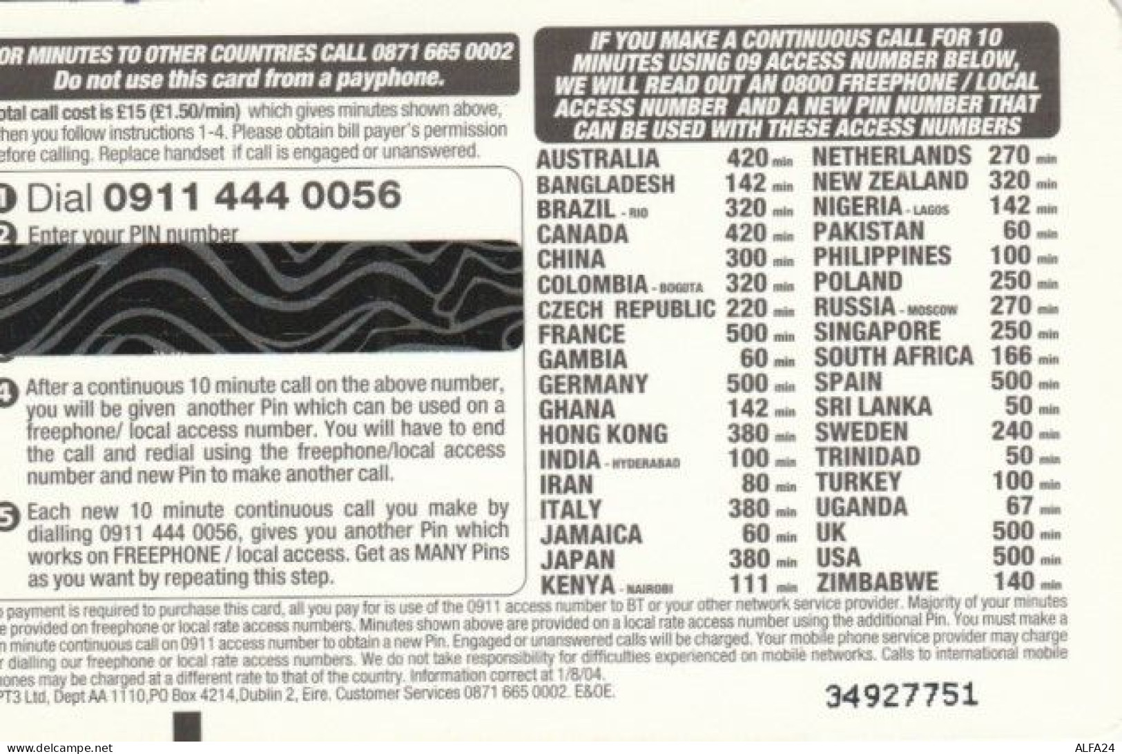 PREPAID PHONE CARD REGNO UNITO (PK219 - BT Kaarten Voor Hele Wereld (Vooraf Betaald)