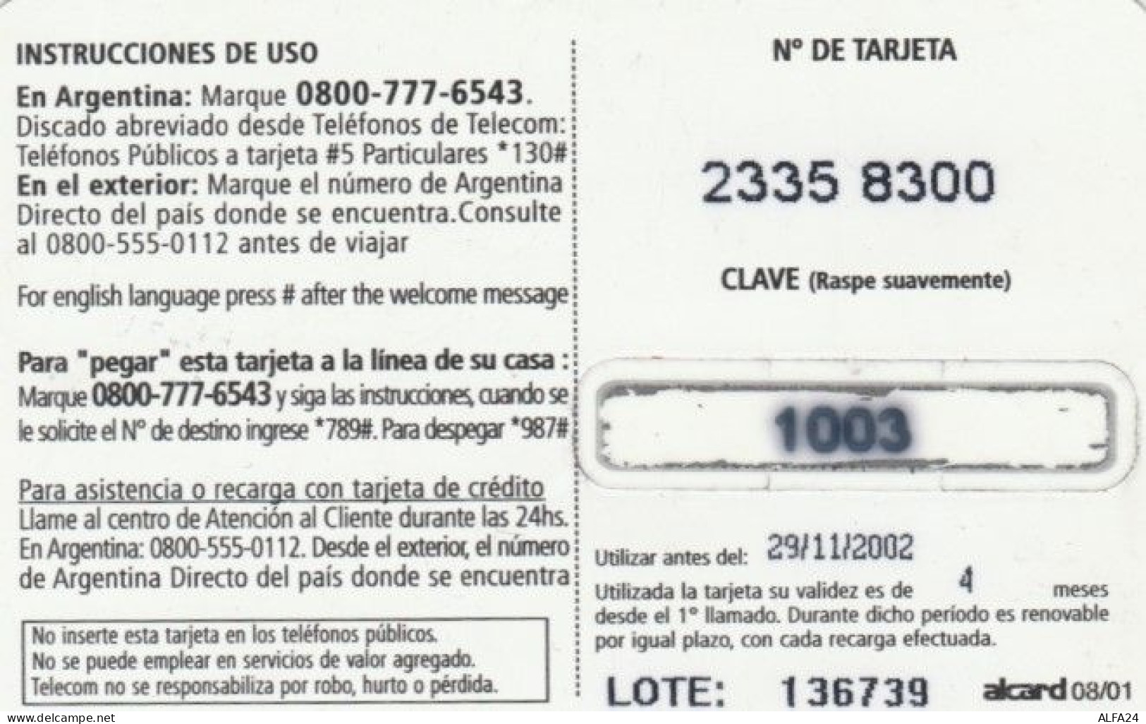 PREPAID PHONE CARD ARGENTINA (PK1916 - Argentina