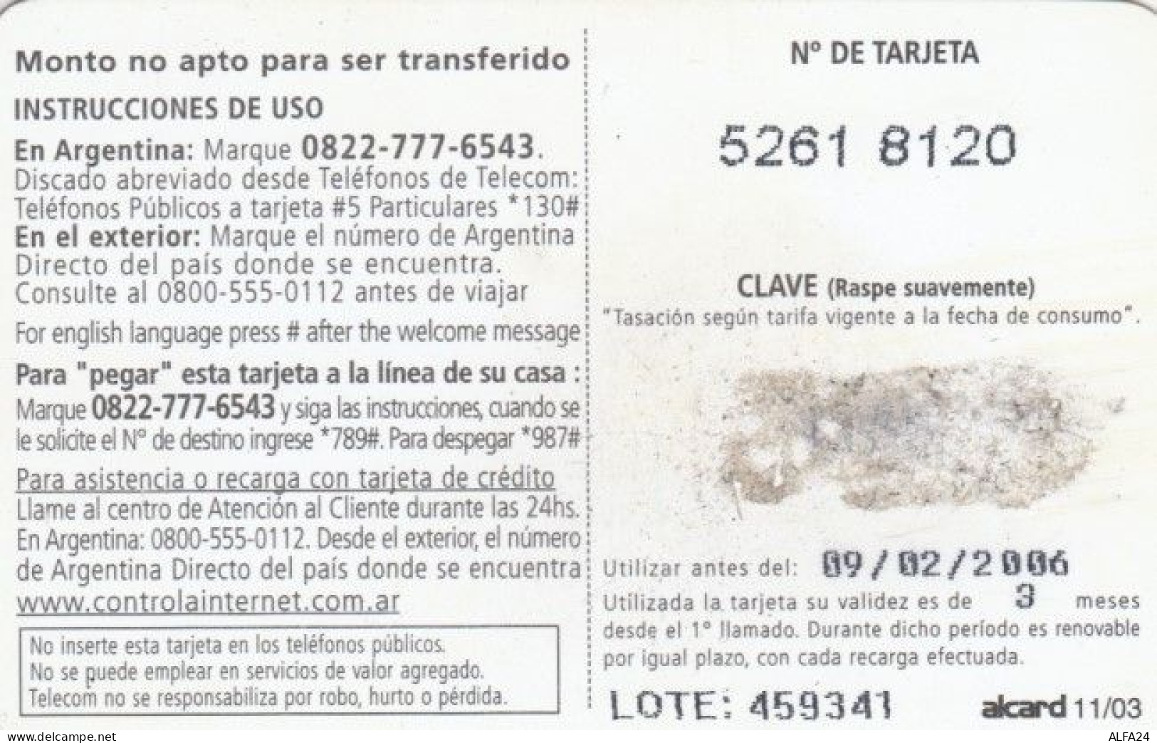 PREPAID PHONE CARD ARGENTINA (PK1915 - Argentine