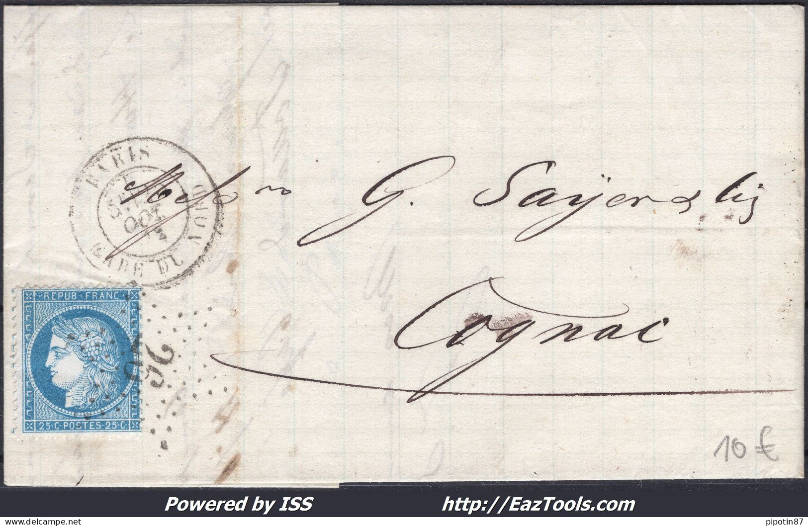 FRANCE N°60A SUR LETTRE ETOILE DE PARIS 26 + CAD GARE DU NORD DU 25/10/1872 - 1871-1875 Ceres