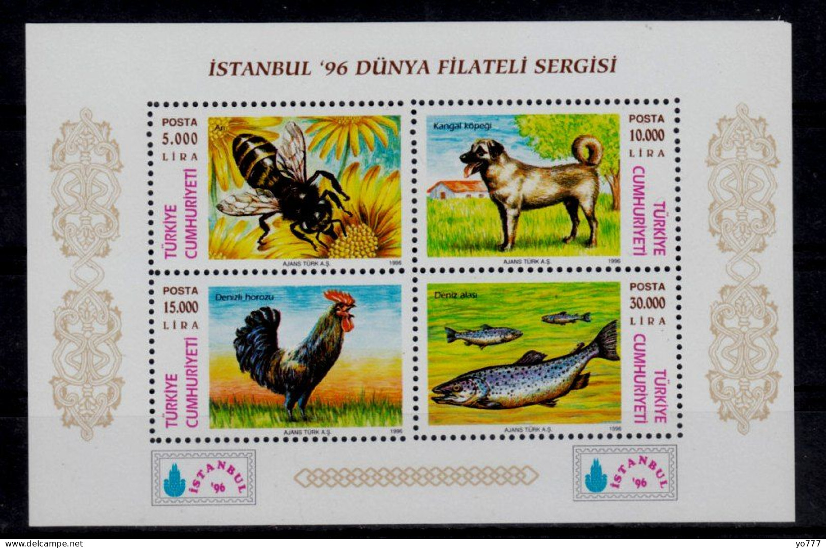 (3070-73 BL30) TURKEY ISTANBUL 96 WORLD PHILATELIC EXHIBITION ANIMALS BEE-DOG-FISH-COCK SOUVENIR SHEET MNH** - Unused Stamps