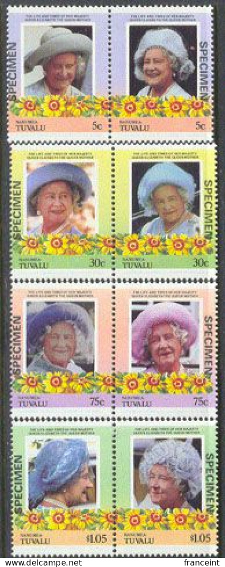 TUVALU (Nanumea)(1985) Queen Mum. Set Of 4 Se-tenant Pairs Overprinted SPECIMEN. Scott Nos 37-44. - Tuvalu