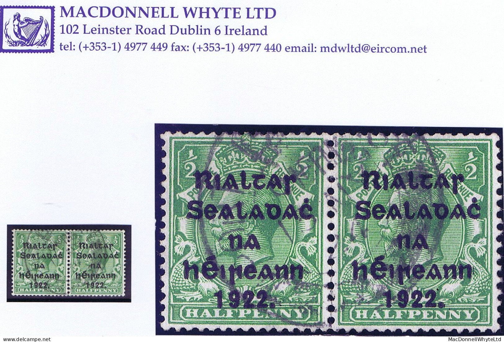 Ireland 1922 Harrison Rialtas 5-line Coils ½d Green Horizontal Pair Fine Used 1924 PORT LAOIGHISE Cds - Used Stamps