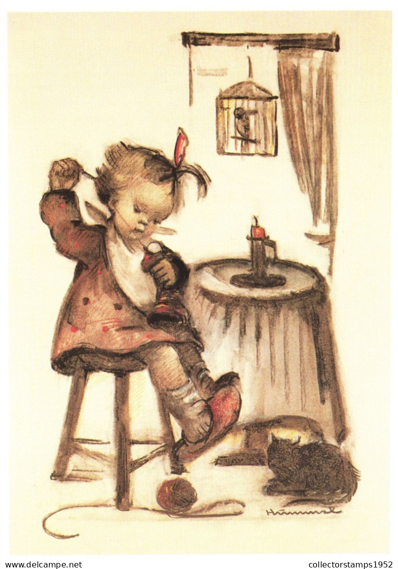 ILLUSTRATION, M.I. HUMMEL, MOTHER'S HELPTER, NR. 62.1201, CAT, CANDLE, SIGNED, POSTCARD - Hummel