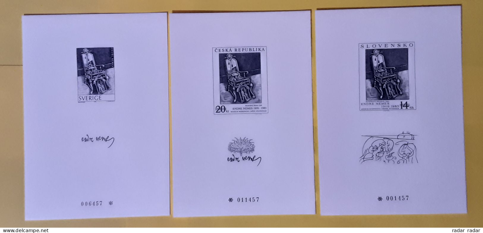 1996 Sweden Slovakia Czech Republic Joint Issue ENDRE NEMES Special Folder With THREE Black Specimen Prints + Swedish FD - Storia Postale