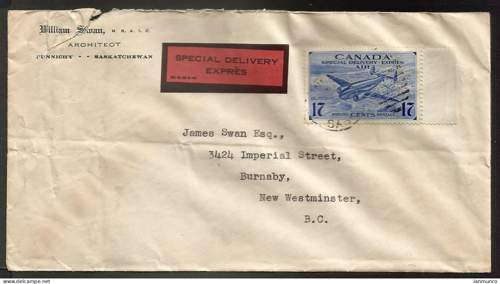 1940's Special Delivery Cover 17c #CE2 Punnichy Sask To New Westminster BC - Postgeschiedenis