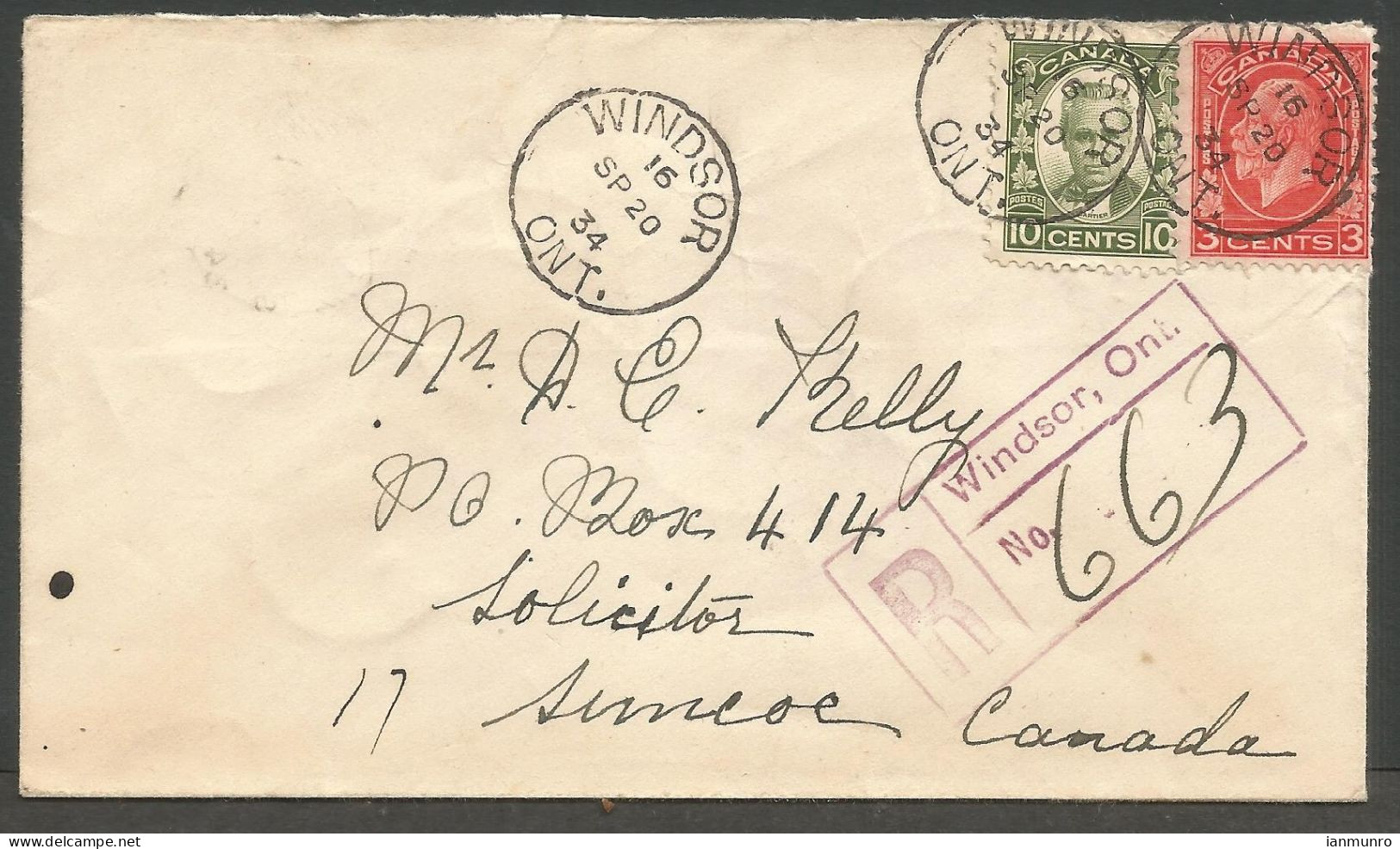 1934 Registered Cover 13c Medllion/Cartier CDS Windsor Ontario To Simcoe Via London - Postal History