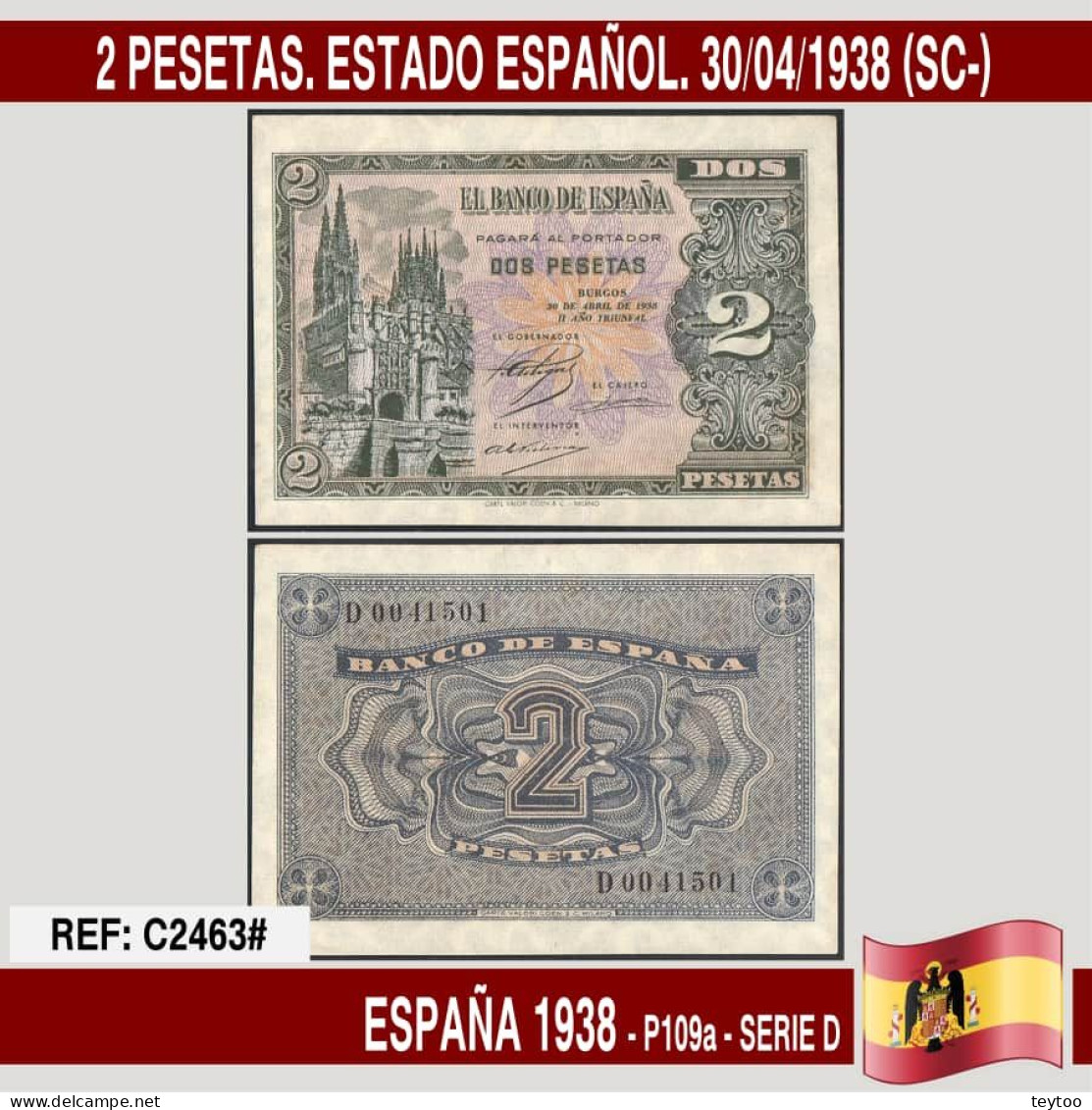 C2463# España 1938. 2 Pts. Estado Español (UNC) - 1-2 Peseten