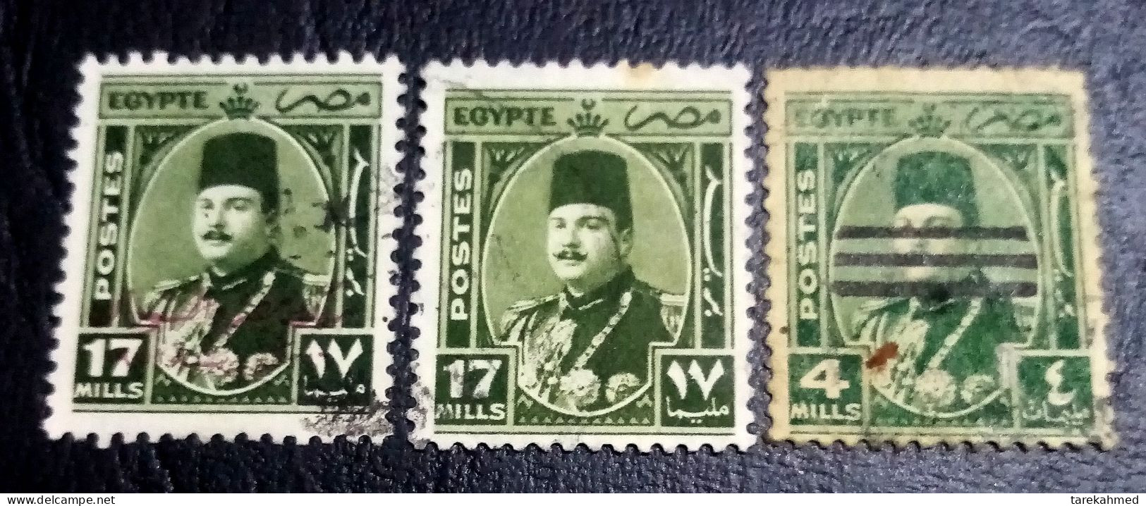 Egypt 1945, 3 Stamps Of Farouk Stamps ، 17 Milliemes ( Regular, 3 Bars Cancel, Overprinted King Of Egypt, - Gebruikt