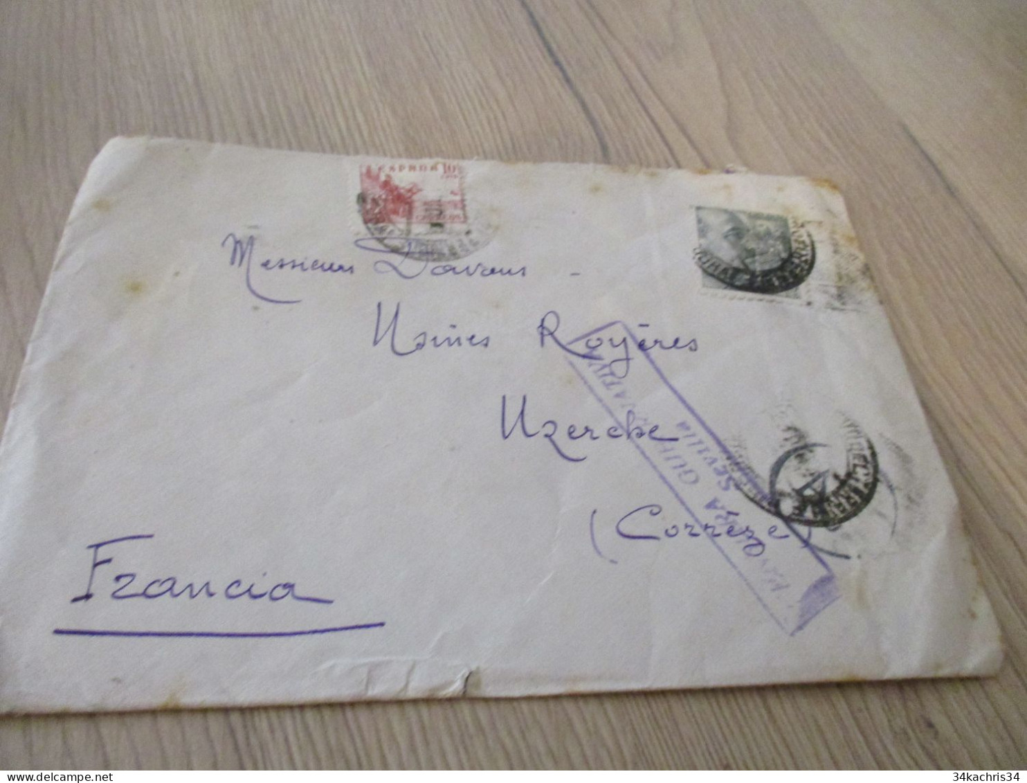 Lettre Espagne Espana Censura Sevilla  2 TP Anciens  Pour Uzerche 1943 - Nationalists Censor Marks