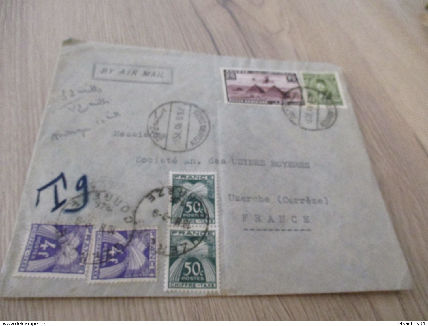 Lettre Egypte 1946 Par Avion Alexandrie Pour Uzerche 2 TP Anciens Taxée T9 Francs - Cartas & Documentos