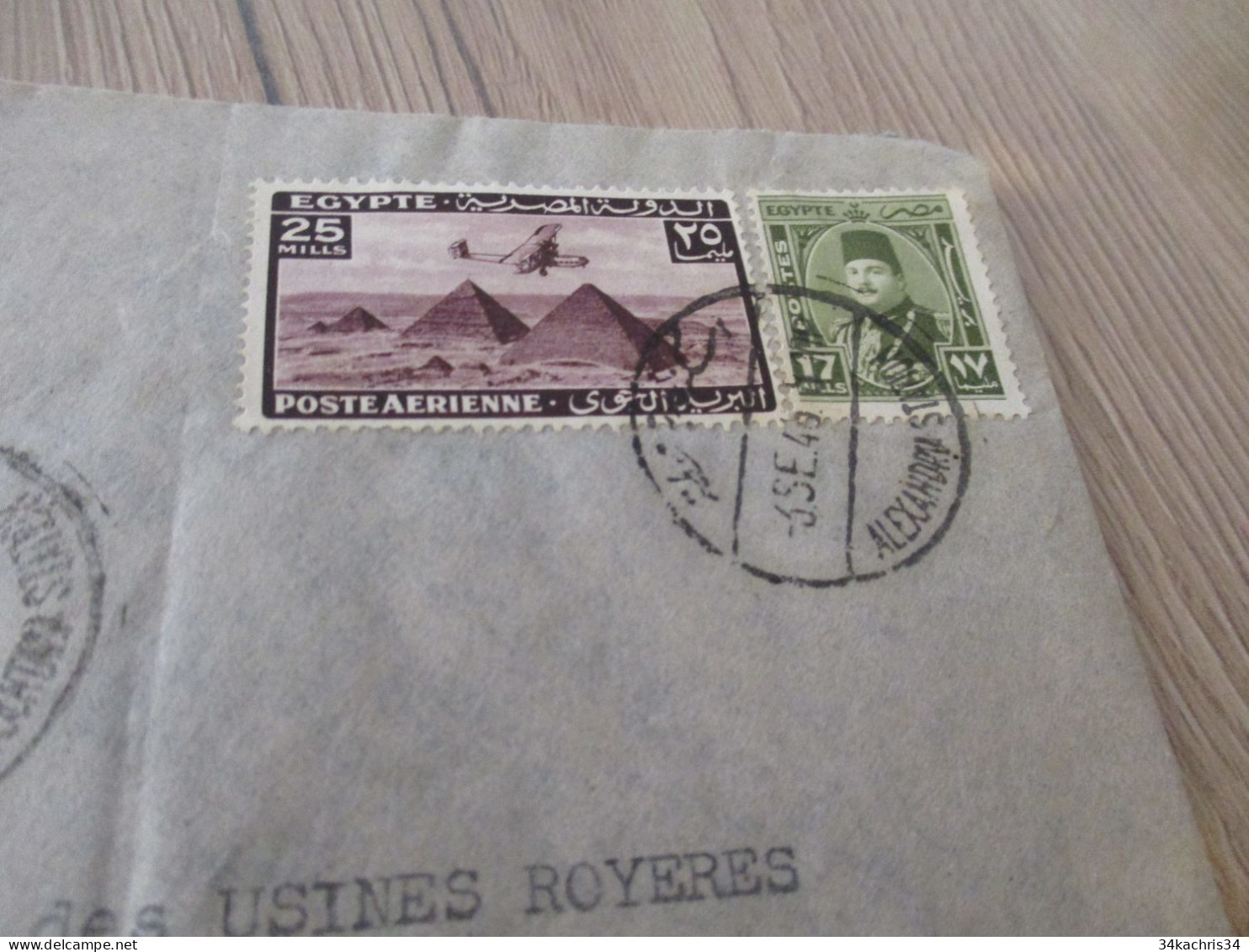 Lettre Egypte 1946 Par Avion Alexandrie Pour Uzerche 2 TP Anciens Taxée T9 Francs - Lettres & Documents
