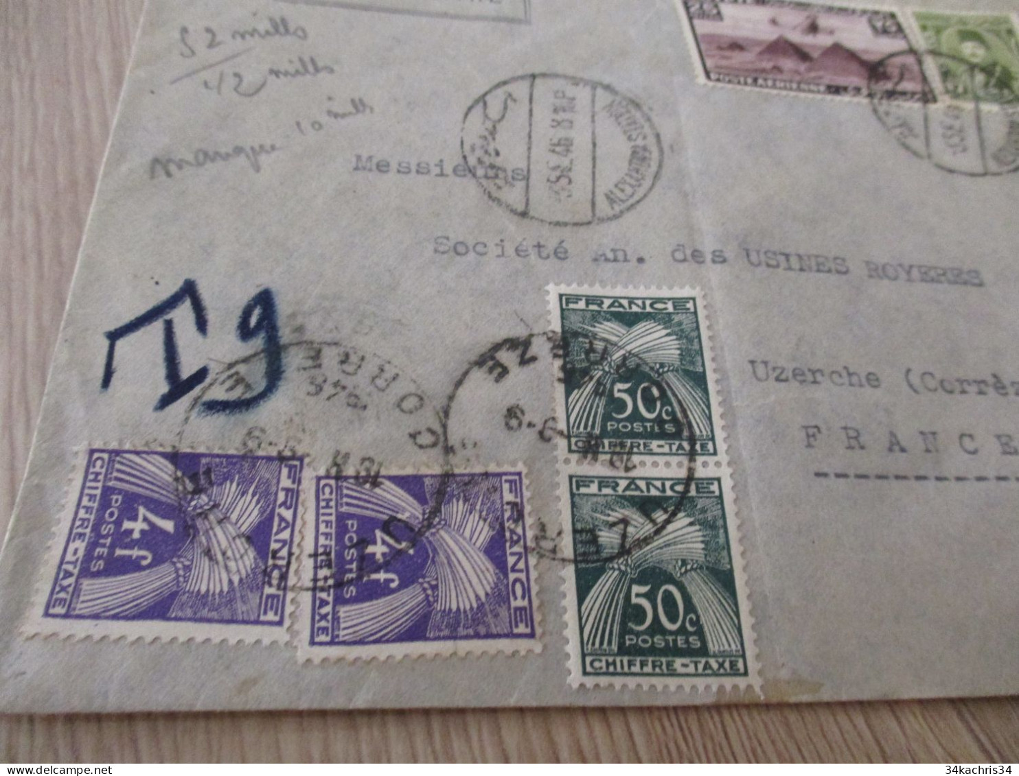 Lettre Egypte 1946 Par Avion Alexandrie Pour Uzerche 2 TP Anciens Taxée T9 Francs - Storia Postale