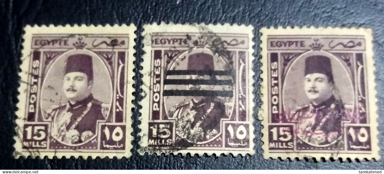 Egypt 1945, 3 Stamps Of Farouk Stamps ، 15 Milliemes ( Regular, 3 Bars Cancel, Overprinted King Of Egypt, - Gebruikt