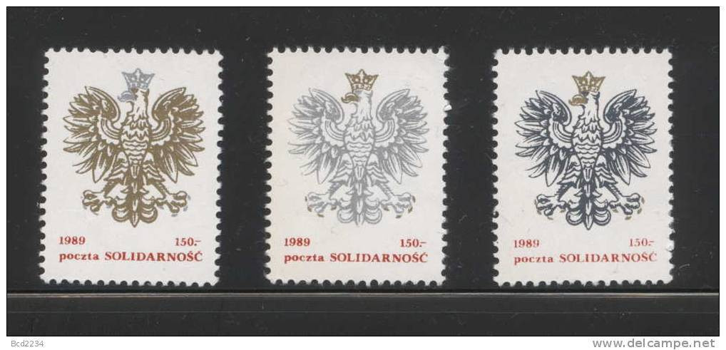 POLAND SOLIDARITY POCZTA SOLIDARNOSC 1989 POLISH EAGLE WITH CROWN SET OF 3 (SOLID0152/0924) - Solidarnosc-Vignetten