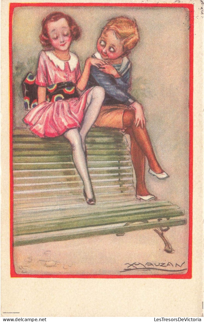 ILLUSTRATEUR SIGNE - Achille Mauzan - Deux Enfants Assis Sur Le Dos D'un Banc Vert - Carte Postale Ancienne - Mauzan, L.A.