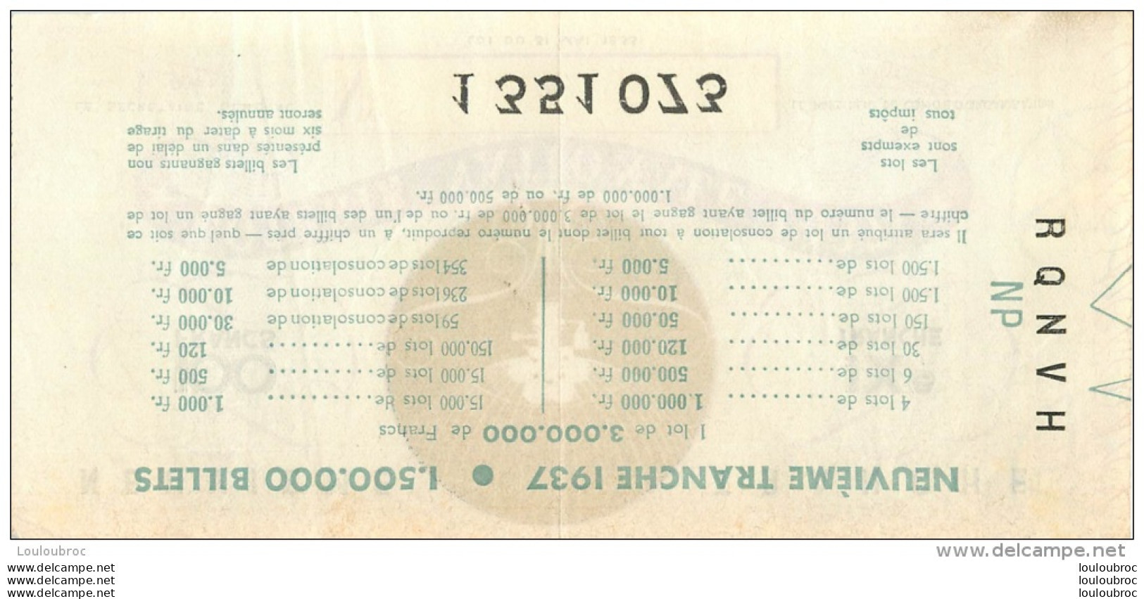 BILLET DE LOTERIE NATIONALE 1937 NEUVIEME TRANCHE - Billetes De Lotería