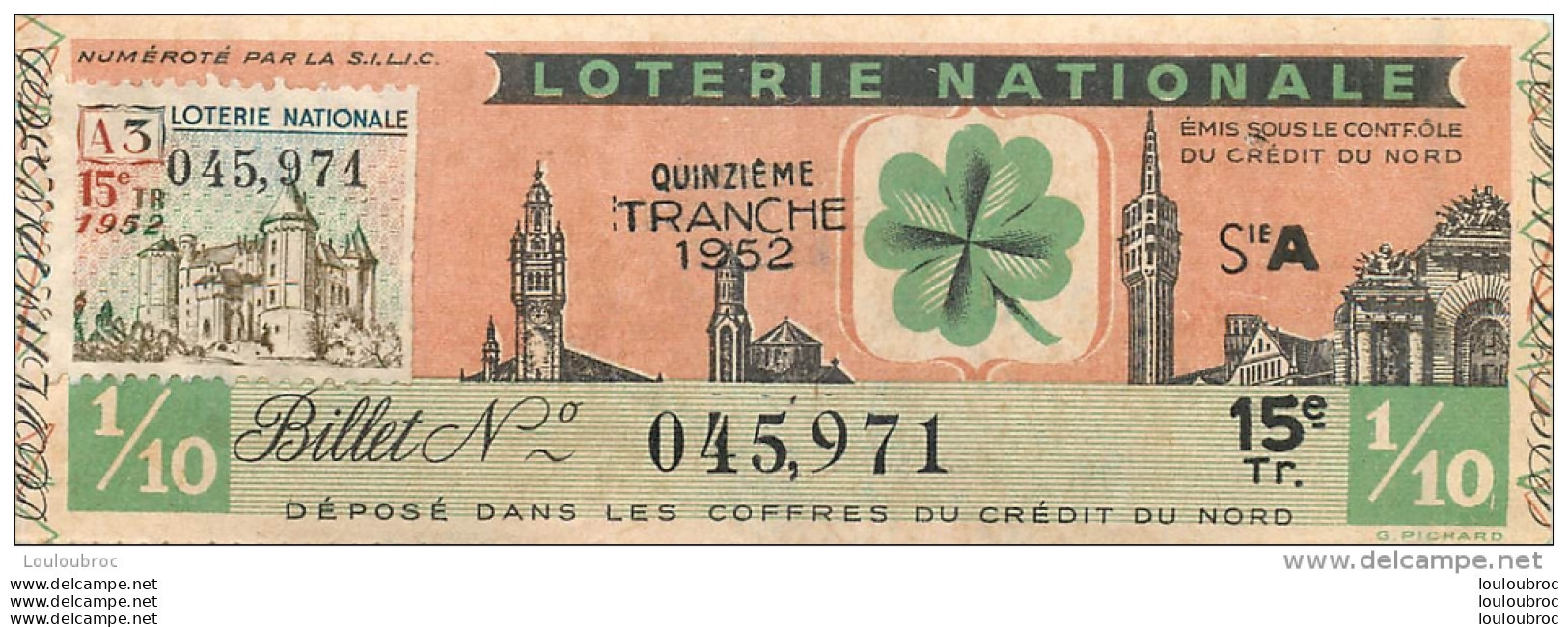 BILLET DE LOTERIE NATIONALE 1952  15E TRANCHE - Billetes De Lotería