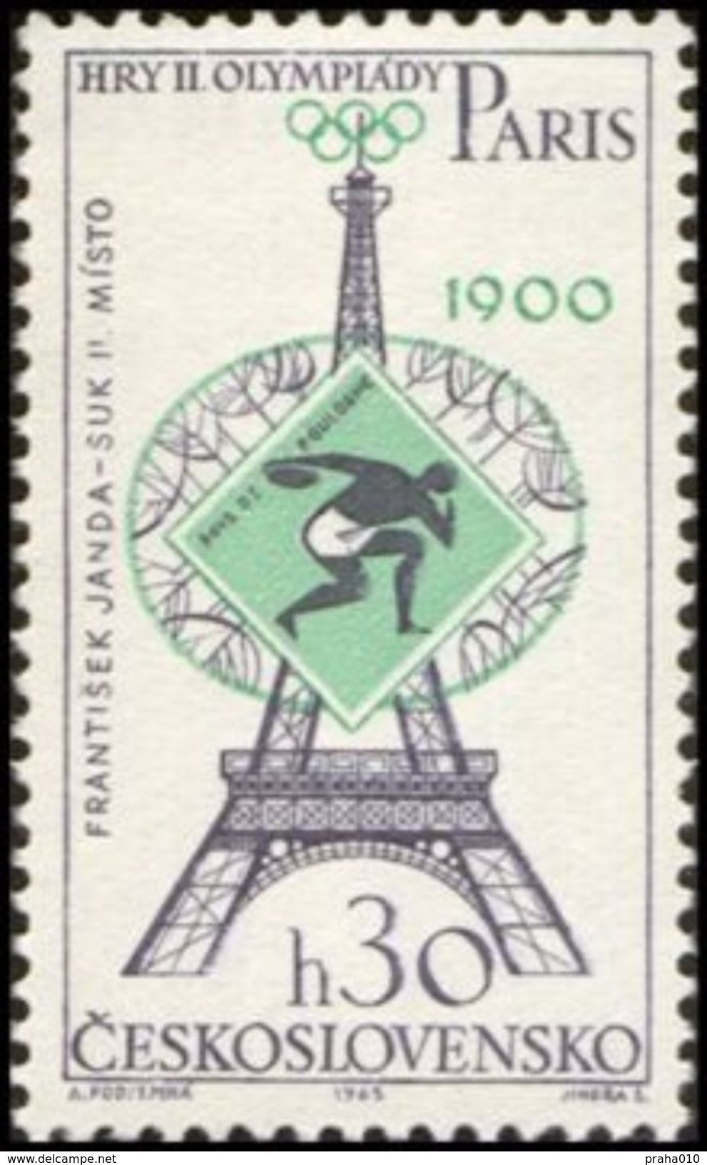 Czechoslovakia / Stamps (1965) 1429: Olympic Games 1900 Paris, F. Janda-Suk (discus Throw); Painter: Anna Podzemna - Sommer 1900: Paris