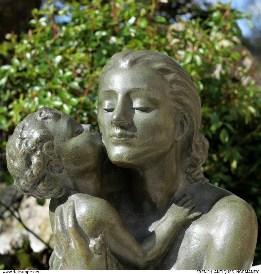 Art Déco - Sculpture Bronze Maternité  - Patine Verte - Années 30 - Cipriani  Bronze Massif De Grande Dimension - Art Nouveau / Art Déco