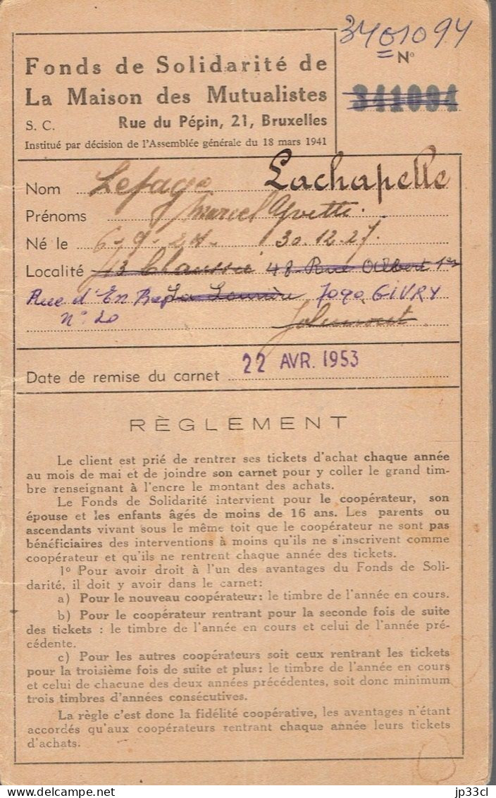 Rare : Timbres Du Fonds De Solidarité De La Maison Des Mutualistes Sur Carnet Délivré Le 22/4/1953 - Privées & Locales [PR & LO]