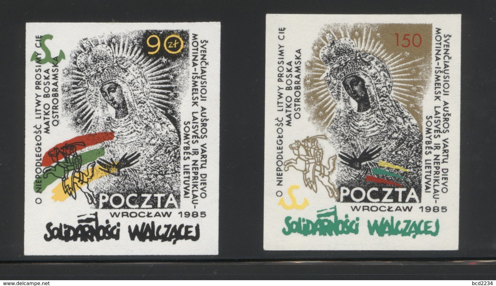 POLAND SOLIDARITY SOLIDARNOSC WALCZACA WROCLAW 1985 MADONNA OSTROBRAMSKA VILNIUS WILNO SET OF 2 RELIGION LITHUANIA - Solidarnosc Labels