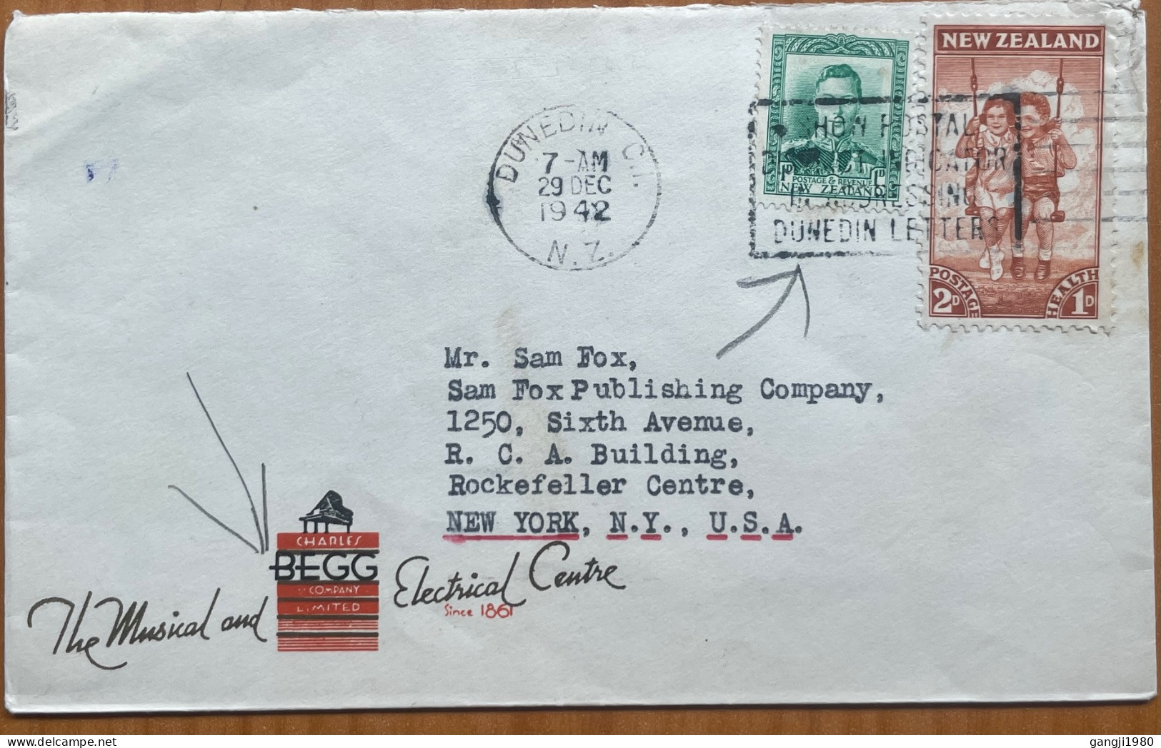 NEW ZEALAND 1942, COVER USED TO  SAM FOX PUBLISHING USA, ADVERTISING, THE MUSICAL & ELECTRICAL CENTER,  DUNEDIN CITY MAC - Storia Postale