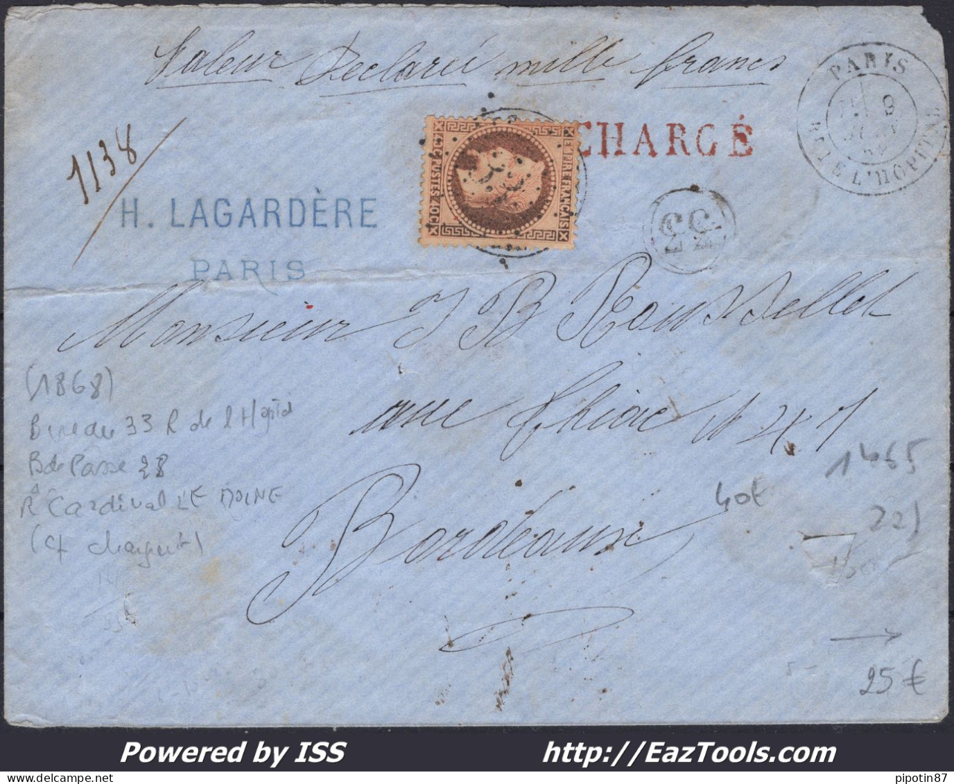 FRANCE N°31 SUR LETTRE ETOILE DE PARIS 33 + CAD BT DE L'HOPITAL DU 09/06/1868 - 1863-1870 Napoleon III With Laurels