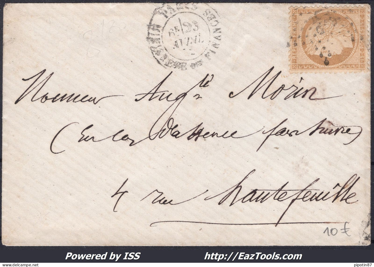FRANCE N°59 SUR LETTRE AVEC ETOILE DE PARIS 35 + CAD MINISTERE DES FINANCES DU 23/04/1872 - 1871-1875 Cérès
