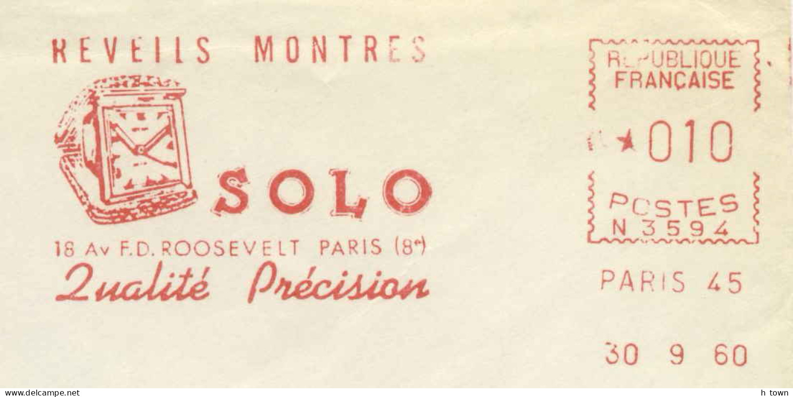 954  Montres Solo, Paris: Ema 1960 - Clock Meter Stamp From Paris, France. Watch Horloge - Horlogerie