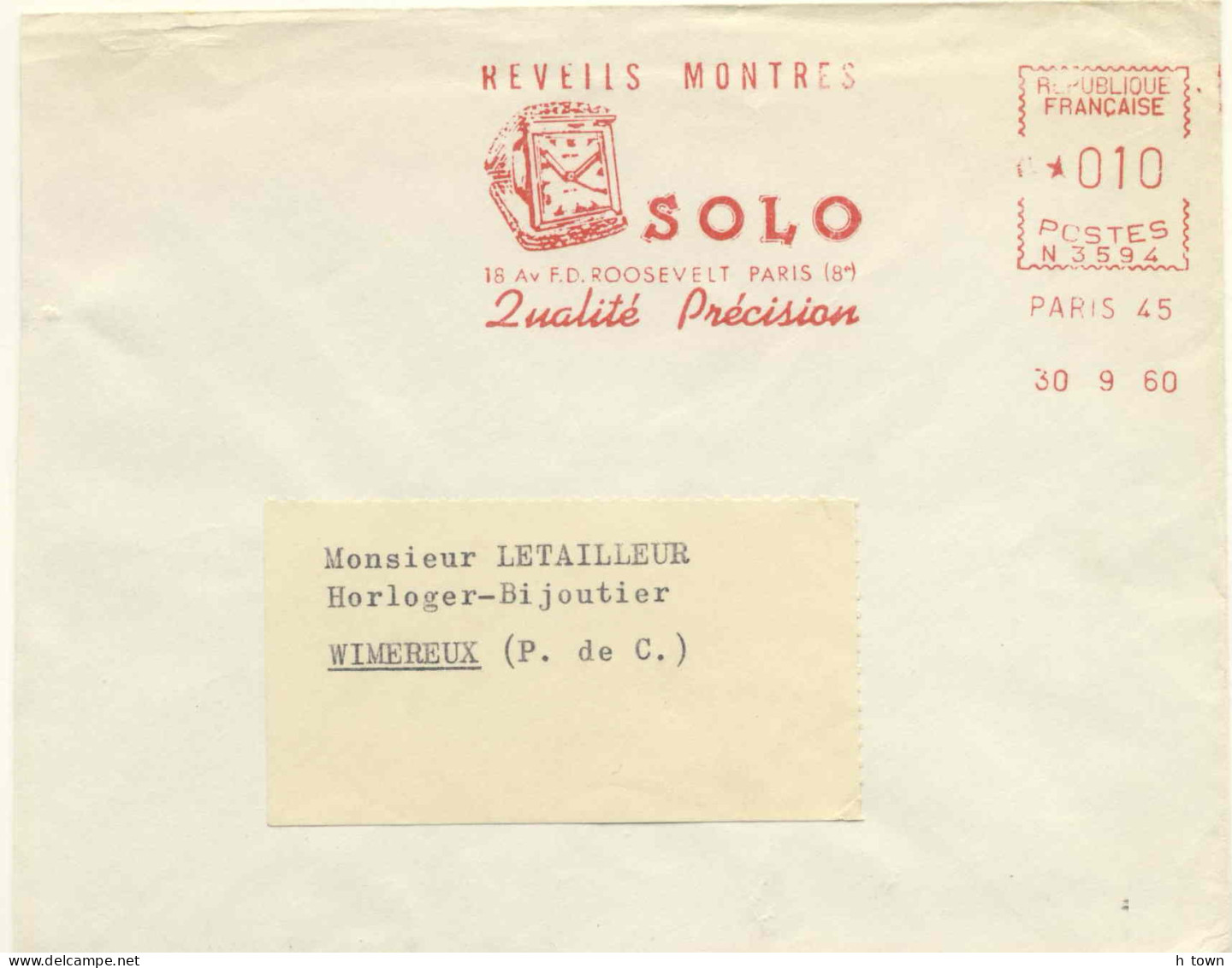 954  Montres Solo, Paris: Ema 1960 - Clock Meter Stamp From Paris, France. Watch Horloge - Horlogerie