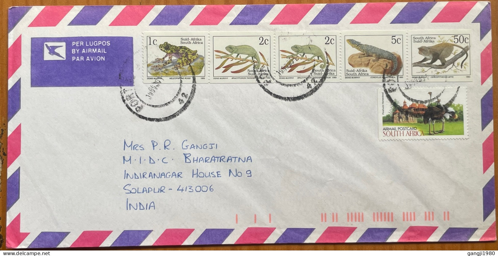 SOUTH AFRICA 1993, COVER USED TO INDIA, BOOKLET PANE, REPTILE, MONKEY, ANIMAL, BIRD, BUILDING, 6 STAMP, PORT ELIZABETH - Briefe U. Dokumente