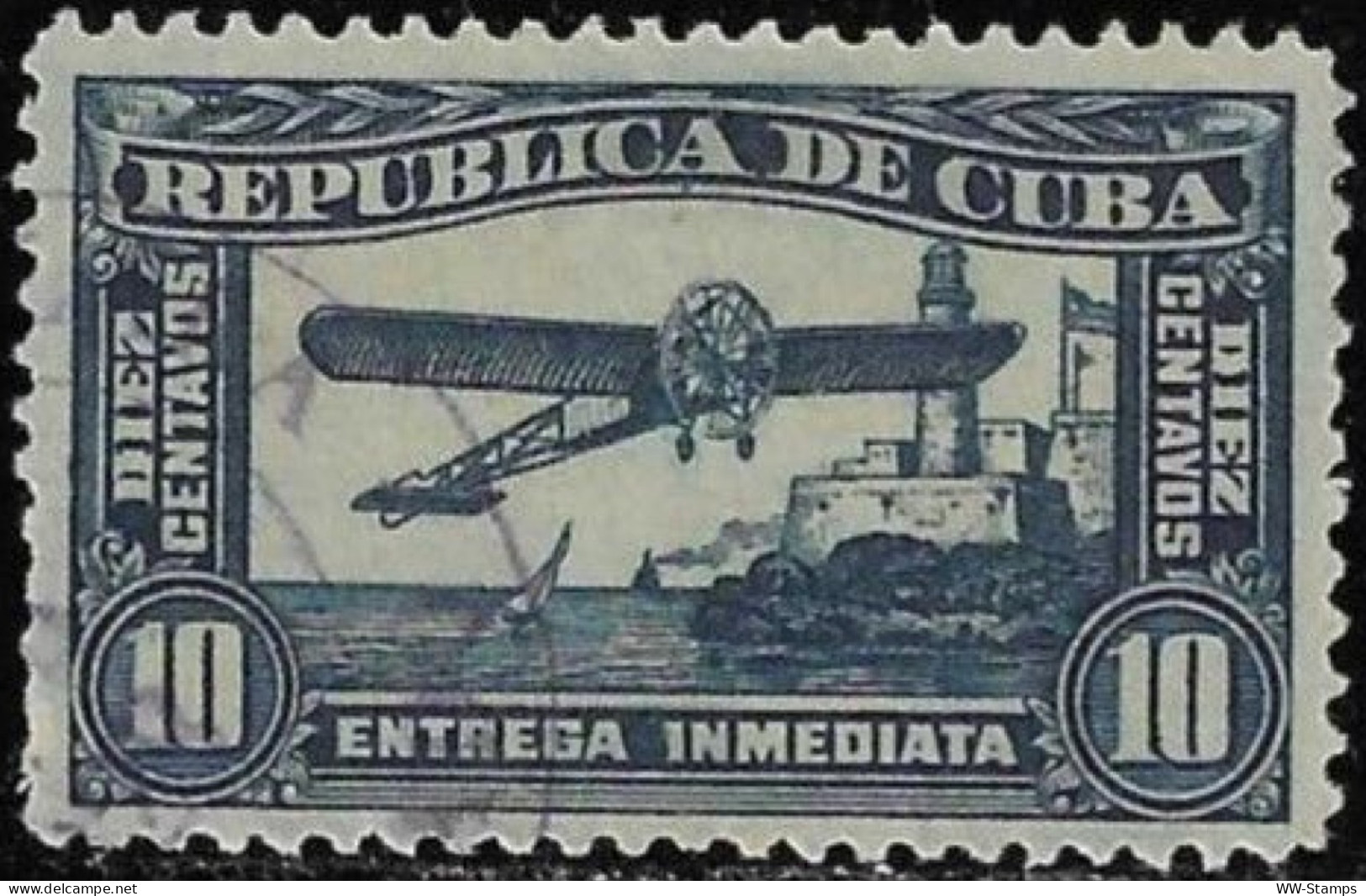 Cuba 1914 Used Airmail Stamp Airplane Lighthouse 10 Centavos [WLT1782] - Usati
