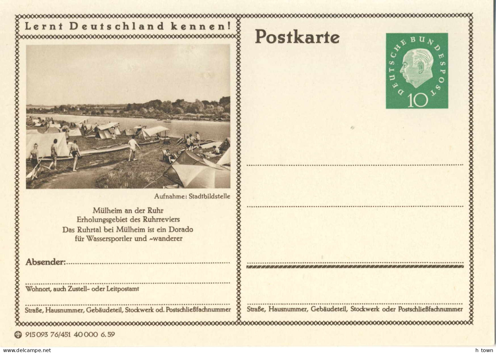 954  Canoë, Tente, Camping: Entier (c.p.) D'Allemagne, 1958 - Kajak Canoe, Tent: Stationery Postcard. Mühlheim, Germany - Canoa