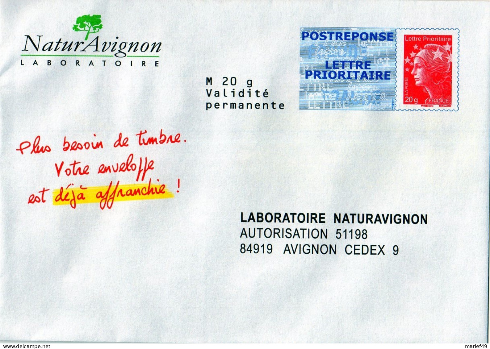 ENTIERS POSTAUX, POSTREPONSE LABORATOIRE NATURAVIGNON 12P067 MARIANNE DE BEAUJARD - PAP: Antwort/Beaujard