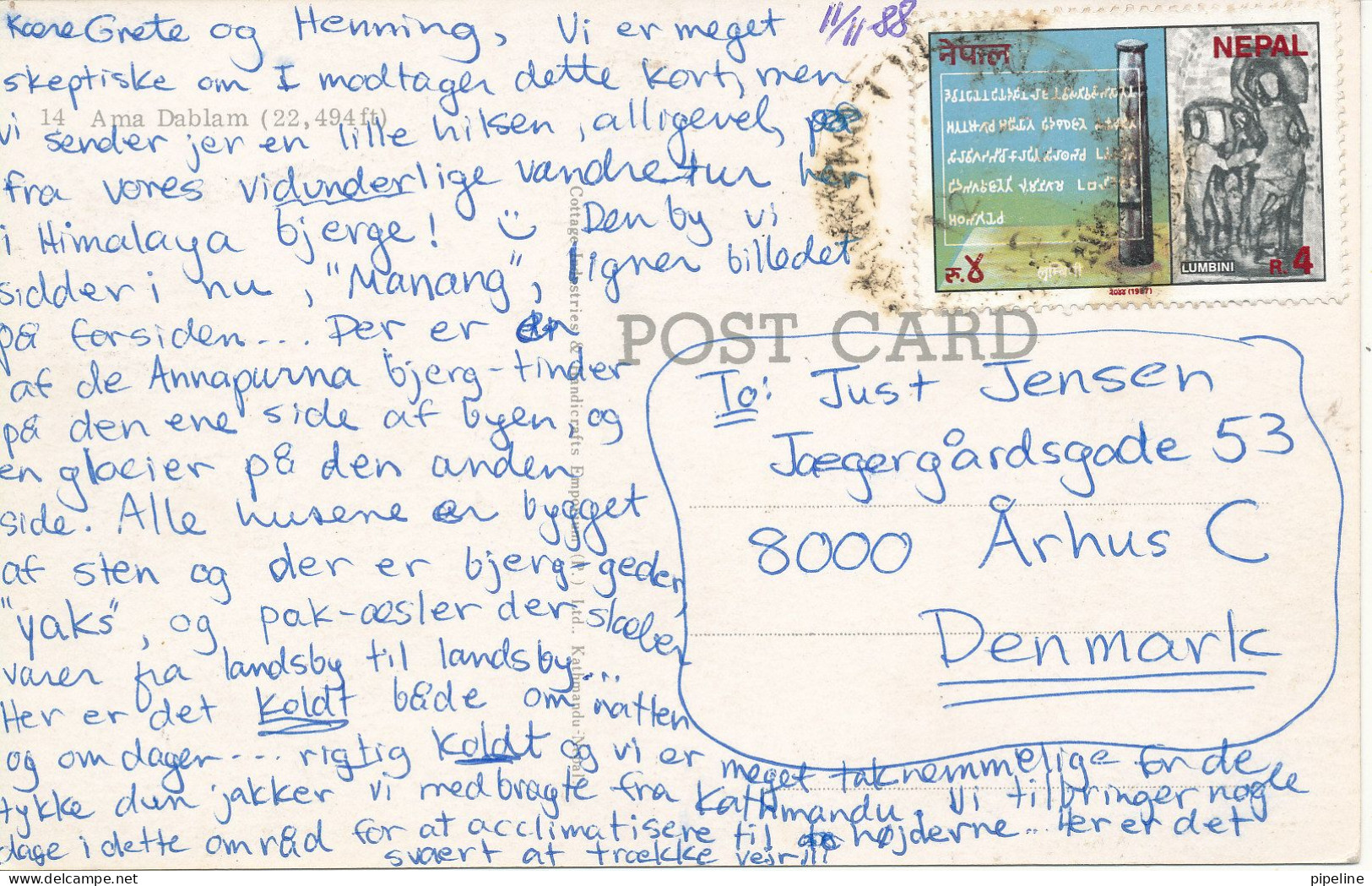 Nepal Postcard Sent To Denmark 11-11-1988  Ama Dablam 22,494 Feet High - Népal