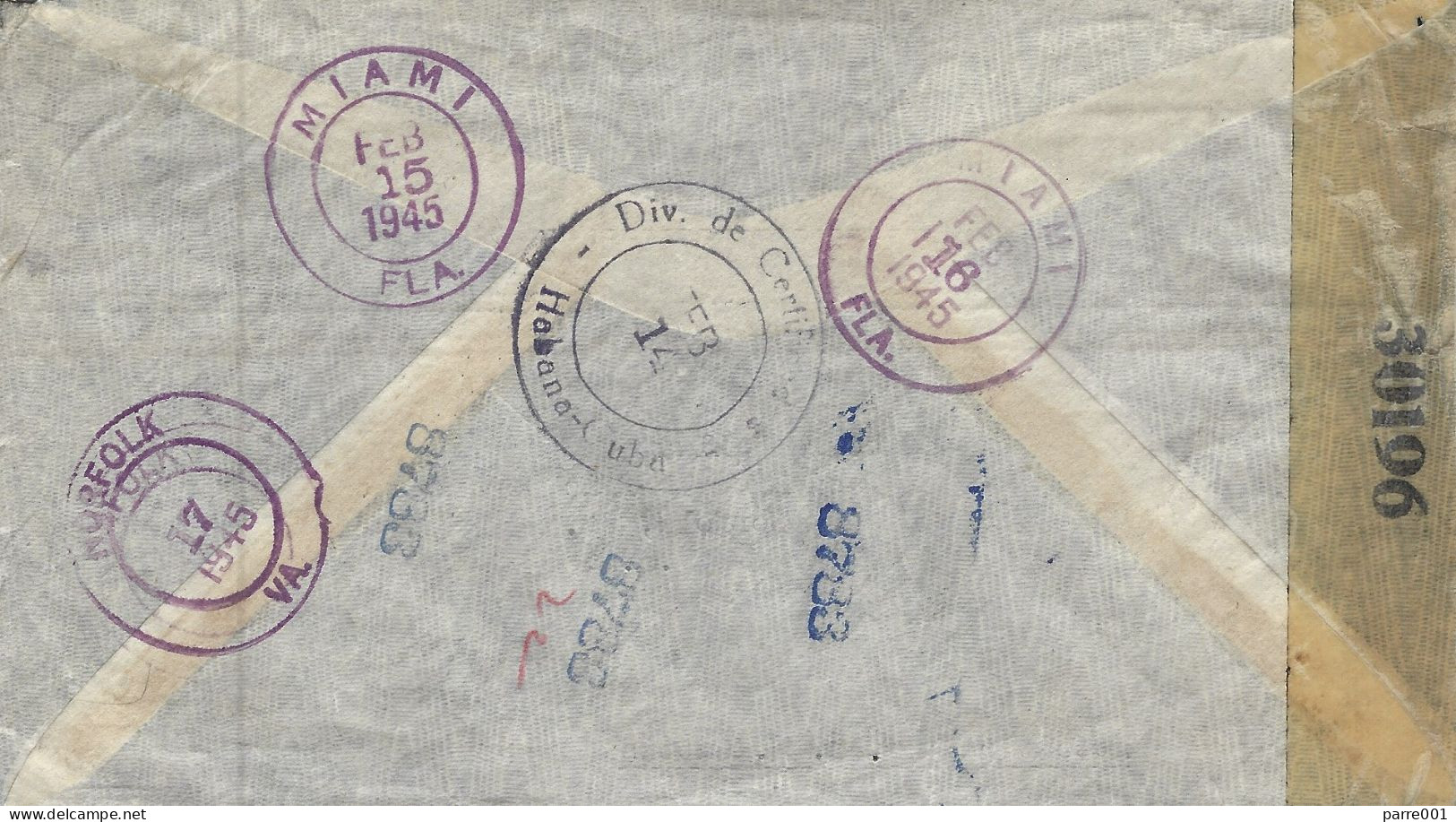 Cuba 1945 Habana Tobacco Cigars Airplane Registered Miami US Censored Cover - Briefe U. Dokumente