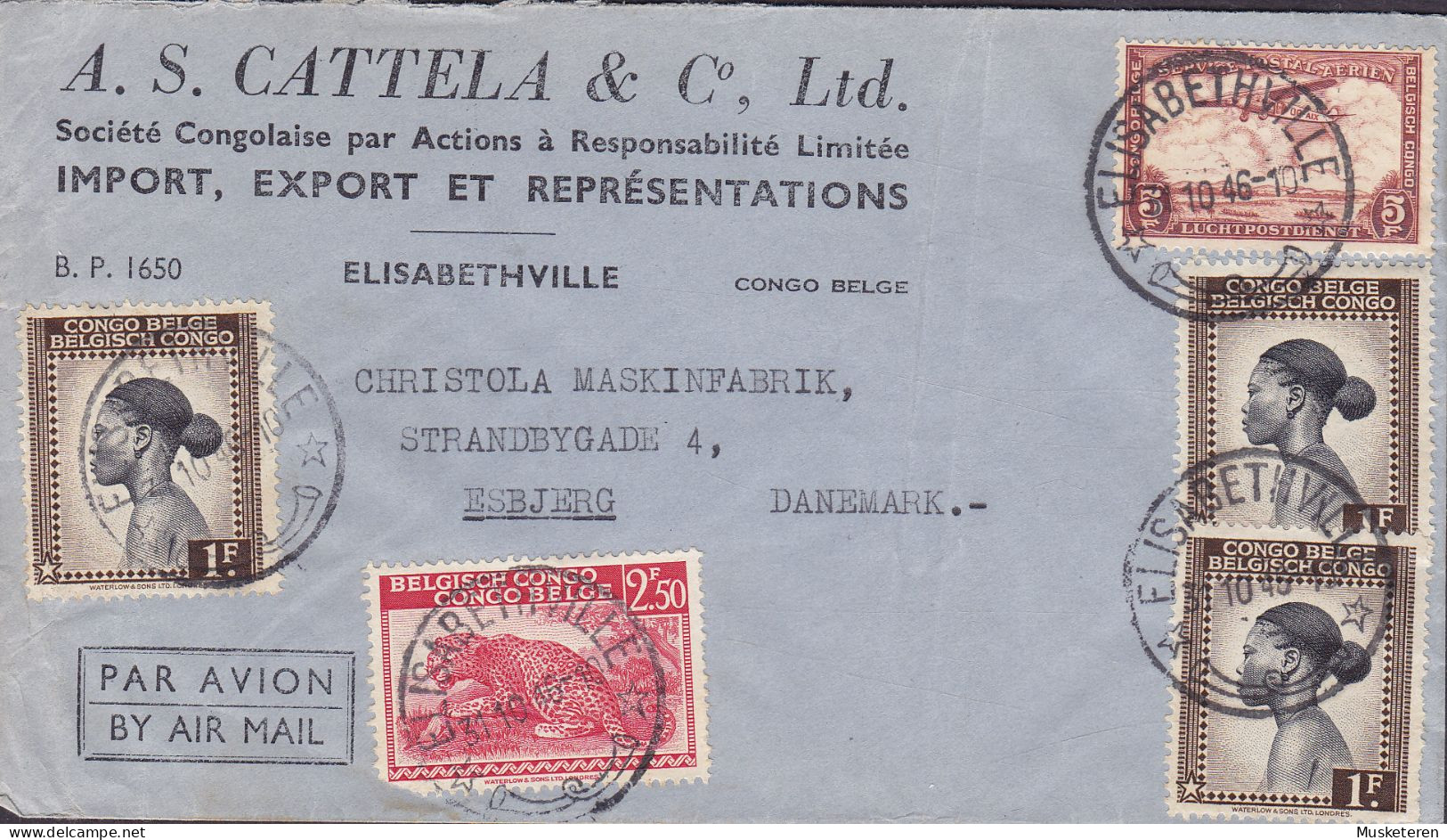 Belgian Congo Par Avion A. S. CATTELA & Co., ELISABETHVILLE 1947 Cover Brief Lettre ESBJERG Denmark Leopard & Aerien - Covers & Documents