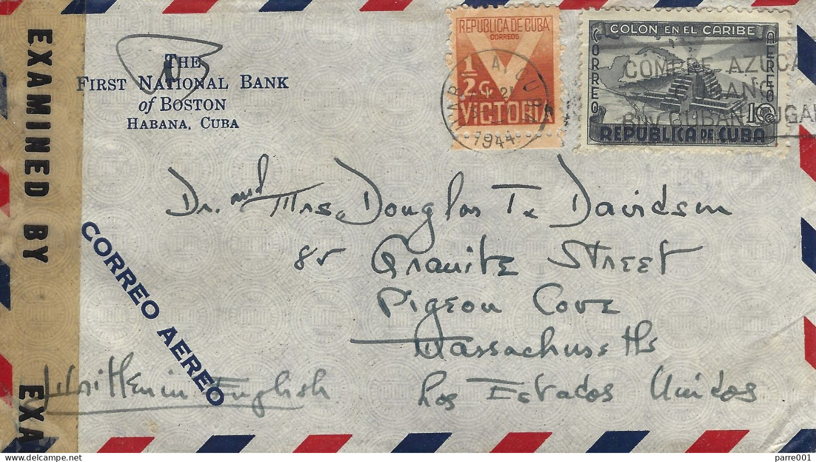 Cuba 1944 Habana Discovery Americas Christopher Columbus Aztec Temple Miami US Censored Cover Bank Mail - Lettres & Documents