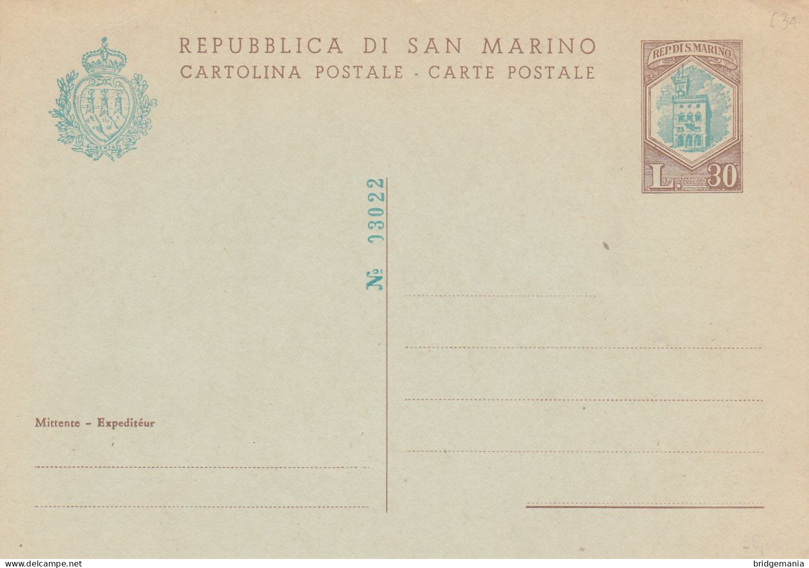 IPC001 - 1966 INTERI POSTALI SAN MARINO C34 L.30 CARTOLINA POSTALE NUOVA OTTIMA - Postwaardestukken
